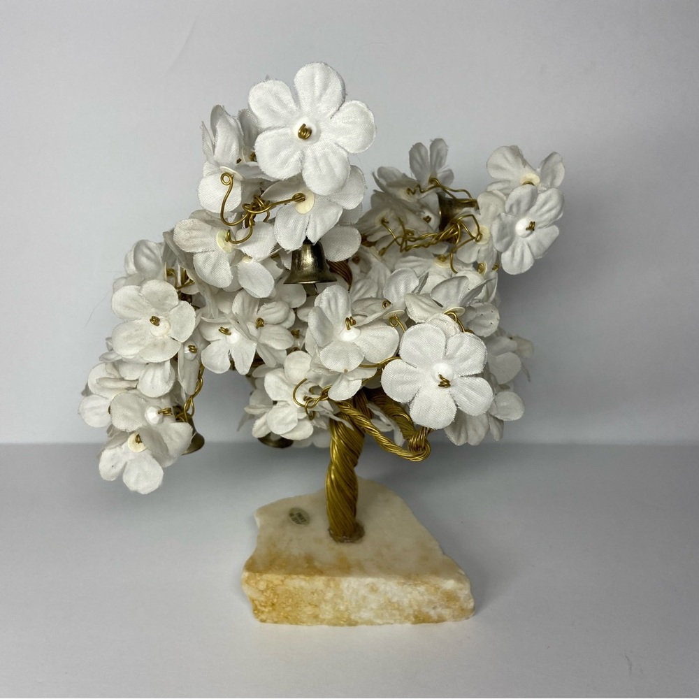 Vintage Marble Base Hand Made Wire Flower Tree Sculpture Bells Art Prosperity